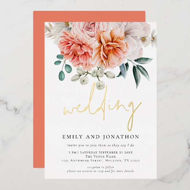 Coral Peach Peonies Florals Script Wedding (Front/Back)