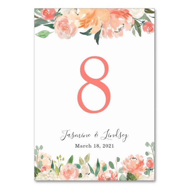 Coral Peach Peony Wedding Table Number (Front)