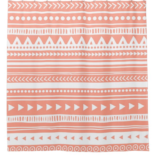 Coral Peach Pink Tribal Pattern Shower Curtain (Front)