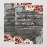 Coral Peach Roses Grey Rustic White Lace Wedding