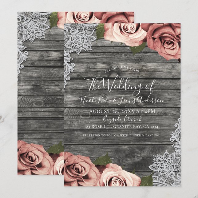 Coral Peach Roses Grey Rustic White Lace Wedding Invitation (Front/Back)