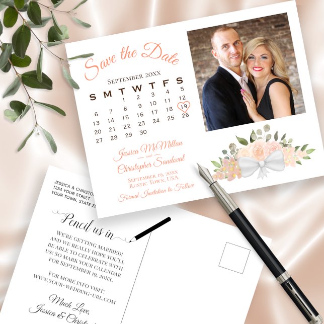 Coral Peach Roses Photo & Calendar Save the Date Announcement Postcard (Creator Uploaded)