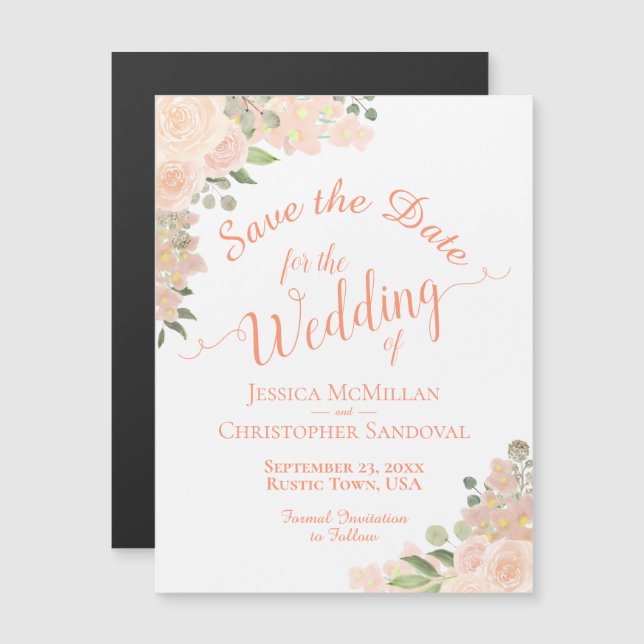 Coral Peach Roses Save the Date Calligraphy Magnet (Front/Back)