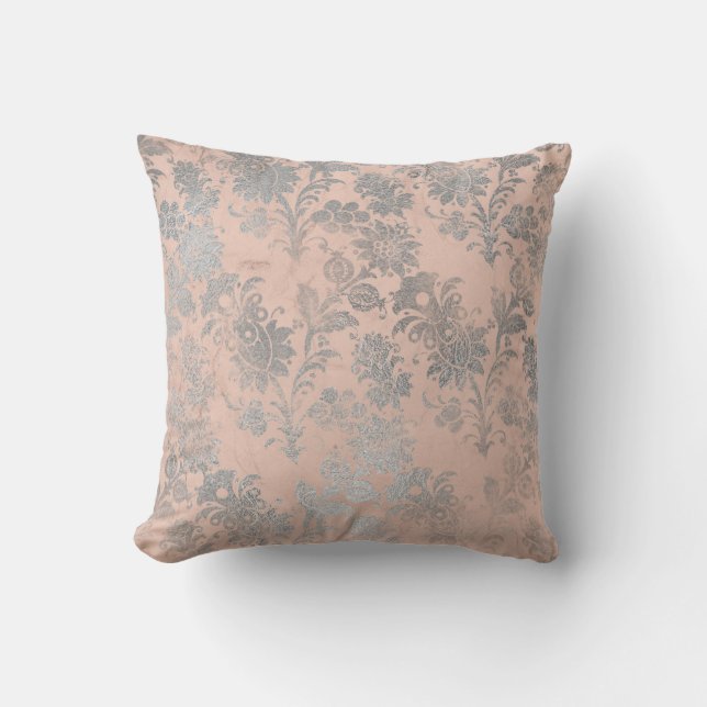 Coral Peach Salmon Grey Blush Silver Rose Floral Throw Pillow (Front)
