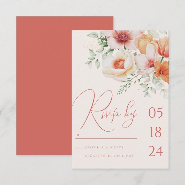 Coral Peach Spring Summer Floral Orange Wedding RSVP Card (Front/Back)