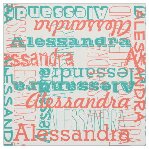 Coral Peach Teal Girl's Modern Name Collage Fabric