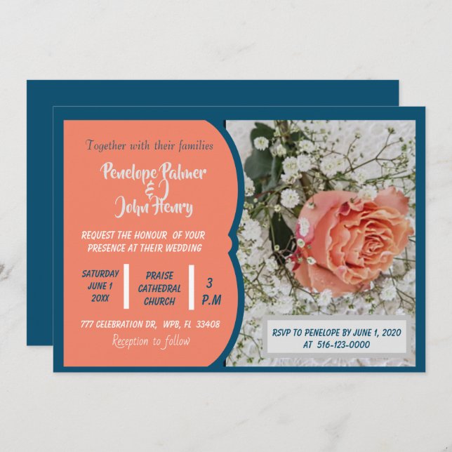 Coral Peach Teal White Floral Rose Invitation (Front/Back)