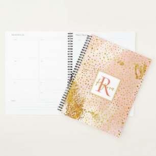 Coral peach watercolor and gold confetti monogram planner