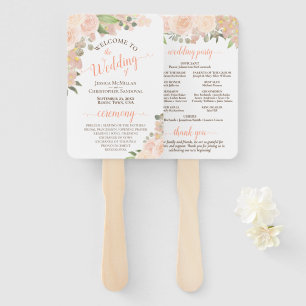 Coral Peach Watercolor Floral Boho Wedding Program Hand Fan