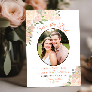 Coral Peach Watercolor Floral Oval Photo Wedding  Save The Date