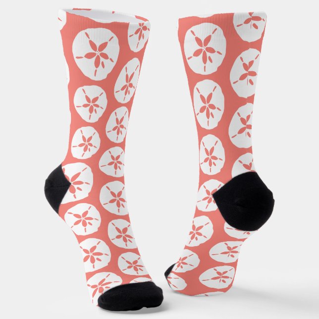 Coral Peach White Beach Wedding Seashell Pattern Socks (Angled)