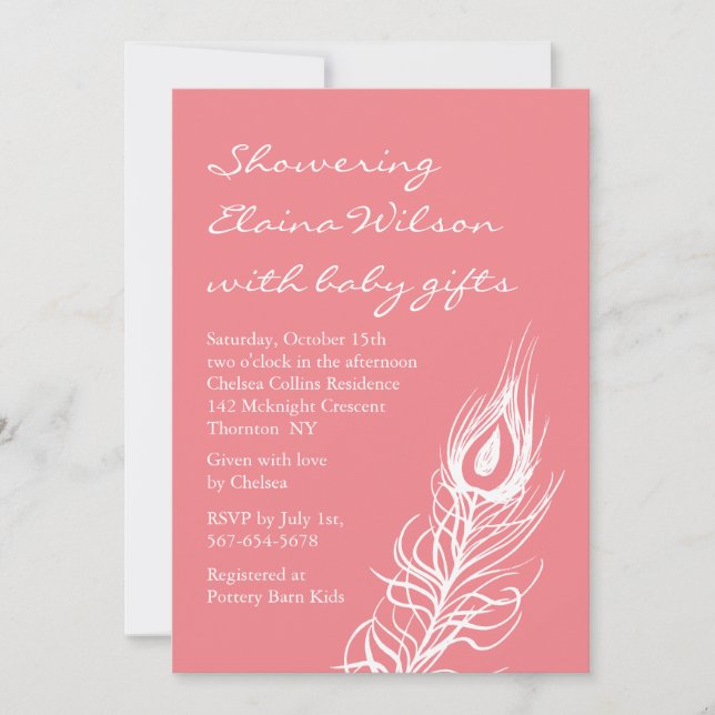 Coral Peacock Feathers Baby Shower Invitation (Front)