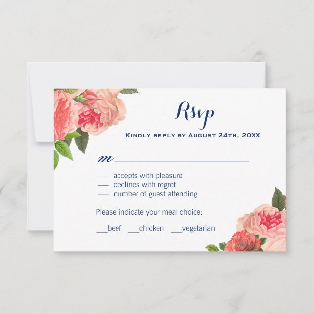 Coral Peonie on Navy RSVP Cards (Front)