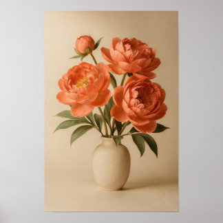 Coral Peonies in Ivory Vase Floral Poster