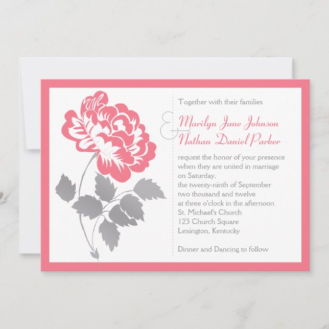 Coral Peony with Grey Wedding Invitation (Front)