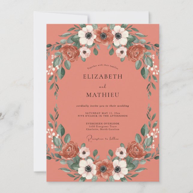 Coral Peony Wreath Wedding Invitation (Front)