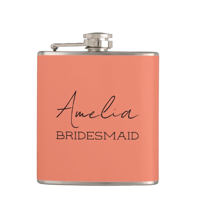 Coral Personalized Bridesmaid Hip Flask (Front)