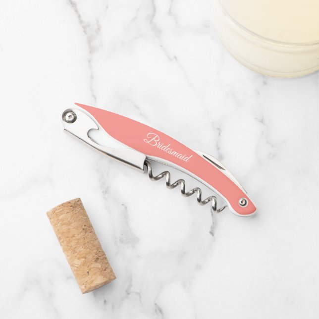 Coral Personalized Wedding Bridesmaid Corkscrew (Front)