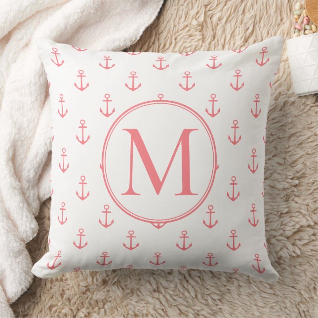 Coral Pink Anchors on White Monogram Throw Pillow (Blanket)