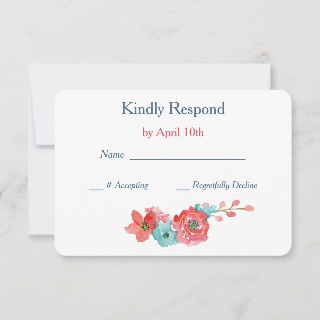 Coral Pink and Aqua Floral Wedding RSVP Card (Front)