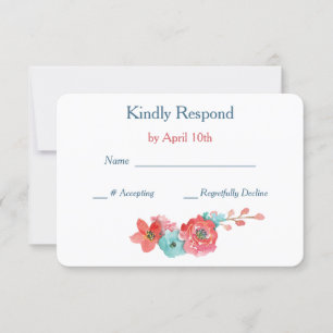 Coral Pink and Aqua Floral Wedding RSVP Card