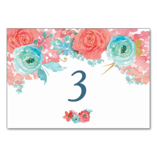 Coral Pink and Aqua Floral Wedding Table Table Number