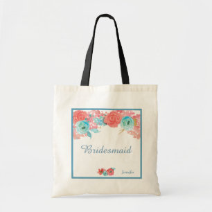 Coral Pink and Aqua Floral Wedding Tote Bag