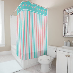 Coral Pink and Aqua Stripes with Flamingo Border