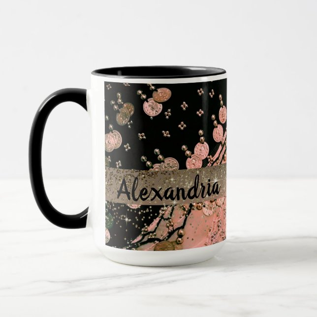  Coral Pink and Black Glitter Coins Personalized Mug (Left)