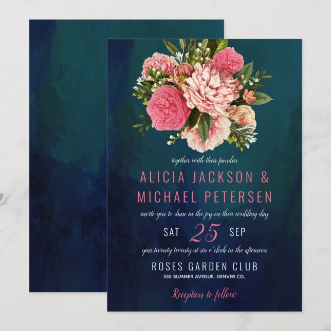 Coral pink and blush flowers bouquet moody wedding invitation (Front/Back)