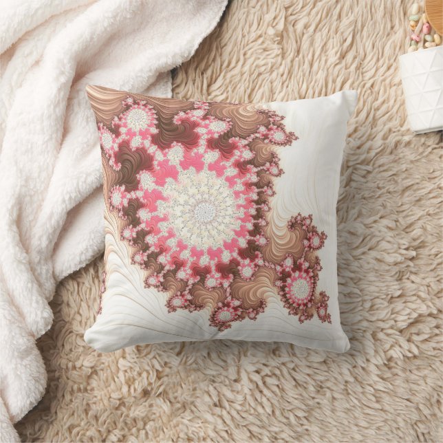 Coral Pink and Brown Fractal Seashell Abstract Throw Pillow (Blanket)