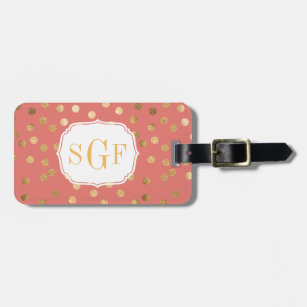 Coral Pink and Gold Glitter City Dots Monogram Luggage Tag