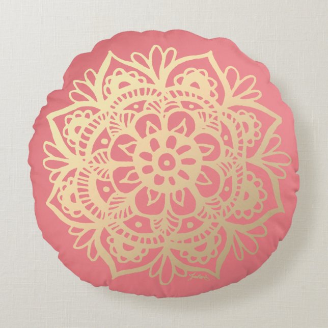 Coral Pink and Gold Mandala Flower Round Pillow (Front)