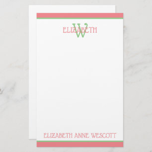 Coral Pink and Green Monogram Stationery