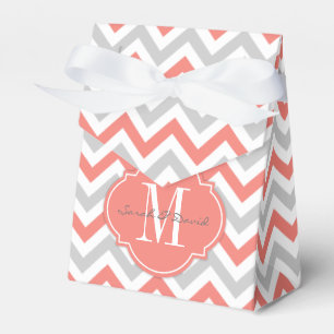 Coral Pink and Grey Chevron Pattern with Monogram Favor Box