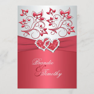 Coral Pink and Grey Floral Hearts Wedding Invite