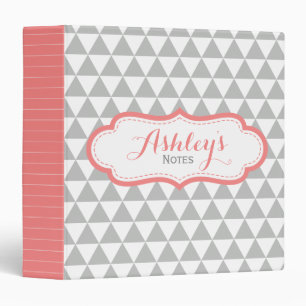 Coral Pink and Grey Geometric Triangle Pattern Binder