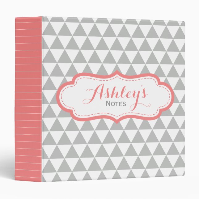Coral Pink and Grey Geometric Triangle Pattern Binder (Front/Spine)