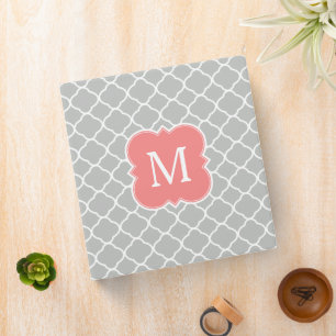 Coral Pink and Grey Monogram Quatrefoil Pattern Binder