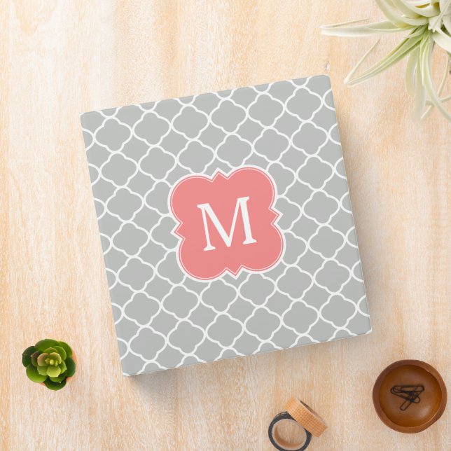 Coral Pink and Grey Monogram Quatrefoil Pattern Binder (In Situ)