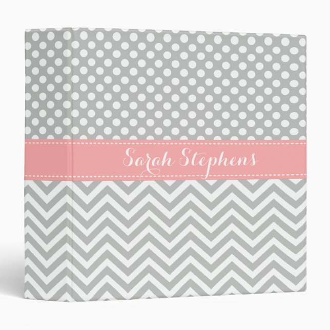 Coral Pink and Grey Pattern Custom Name Binder (Front/Spine)
