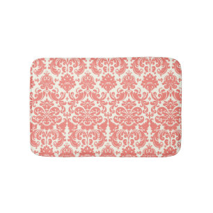 Coral Pink and Ivory Elegant Damask Pattern Bath Mat