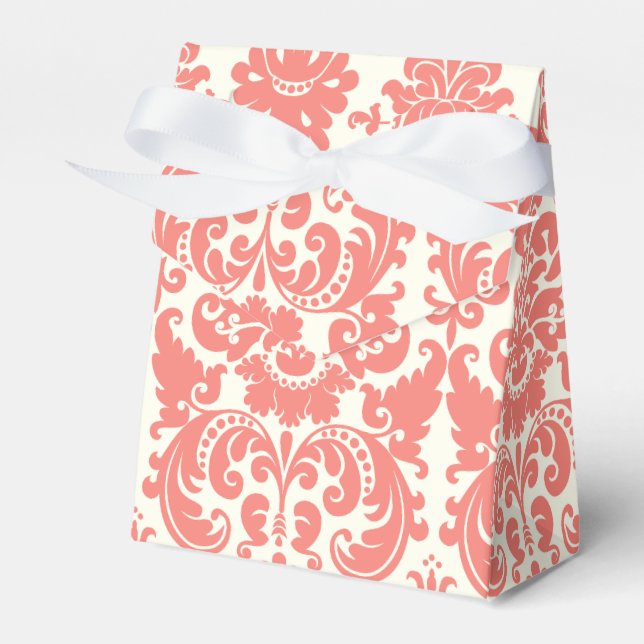 Coral Pink and Ivory Elegant Damask Pattern Favor Box (Front Side)