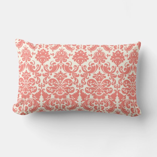 Coral Pink and Ivory Elegant Damask Pattern Lumbar Pillow (Front)