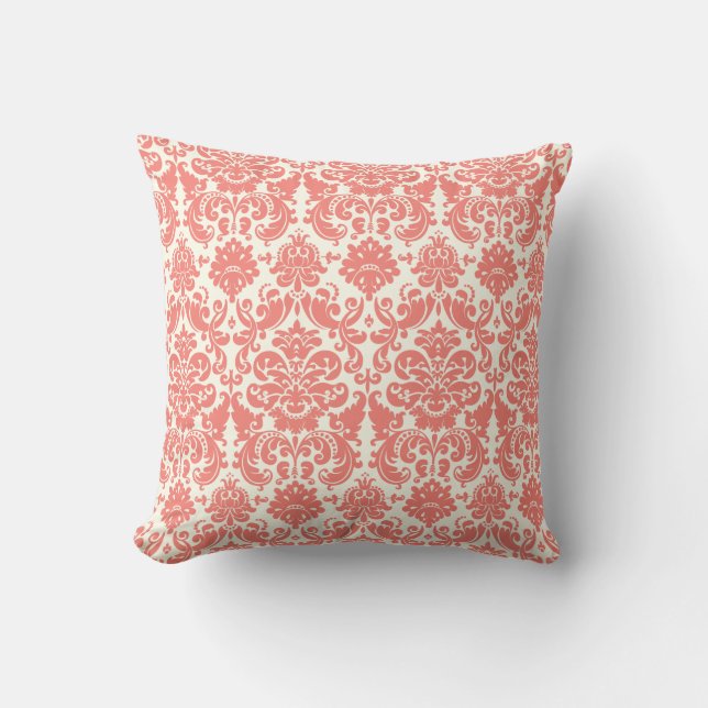 Coral Pink and Ivory Elegant Damask Pattern Throw Pillow (Front)