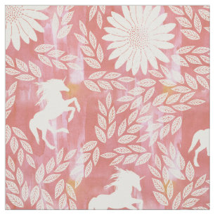 Coral, Pink and Ivory Unicorn Floral Pattern Fabric