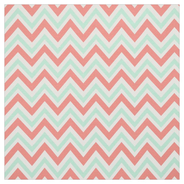 Coral Pink and Mint Green Chevron Pattern Fabric (Swatch)