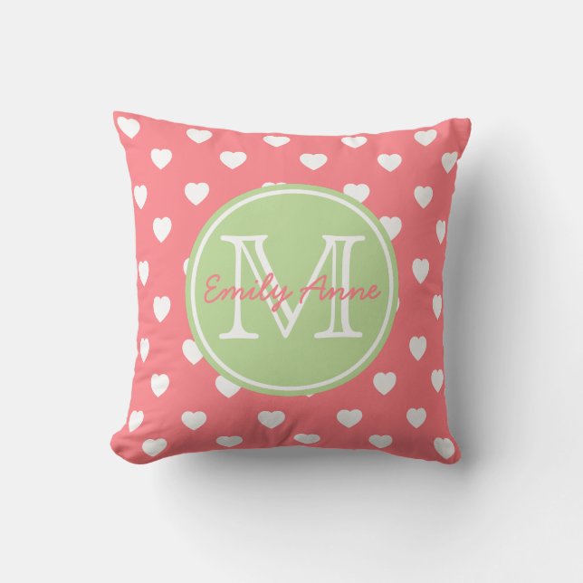 Coral Pink and Mint Green Hearts Monogram Throw Pillow (Front)