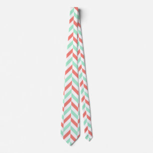 Coral Pink and Mint Green Herringbone Pattern Tie