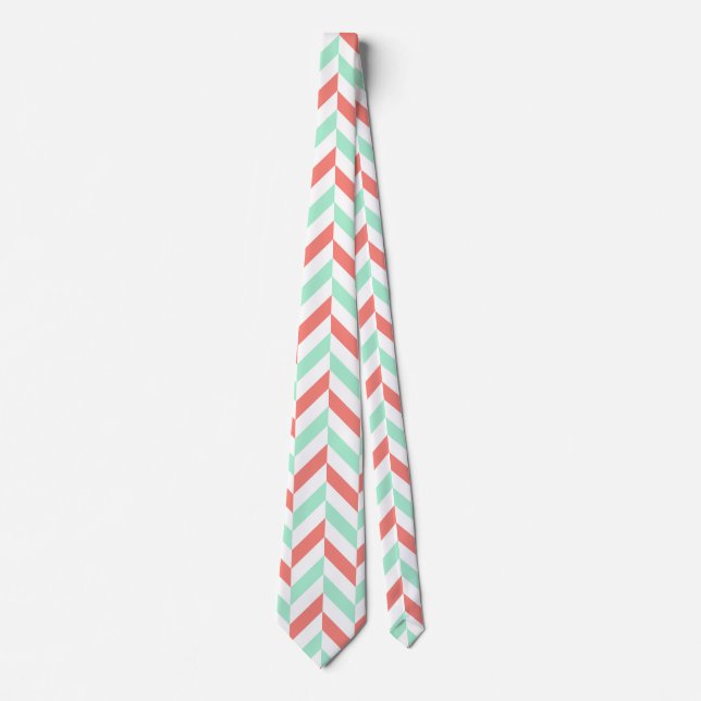 Coral Pink and Mint Green Herringbone Pattern Tie (Front)